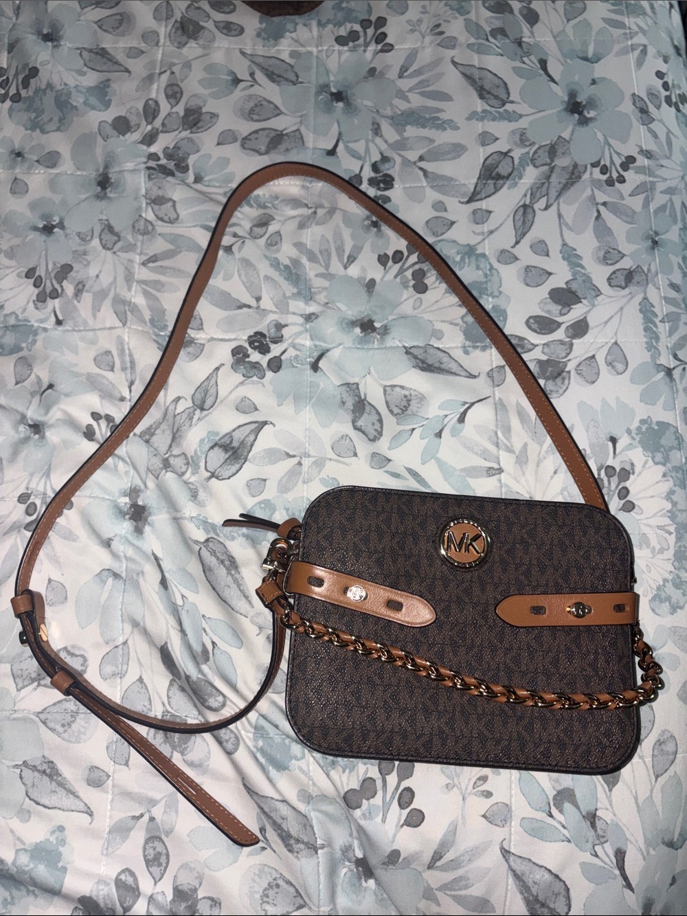 Michael Kors Brown/Tan Signature MK Logo Crossbody Bag